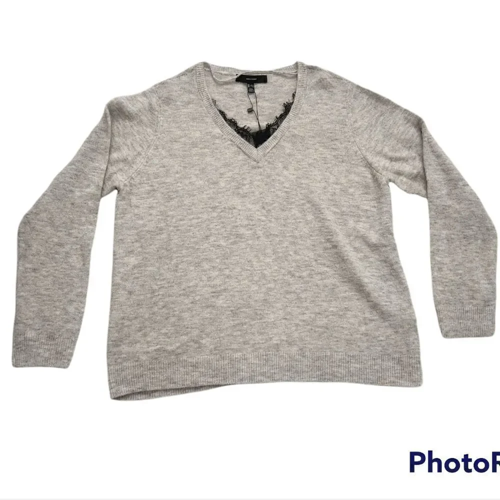 Vero Moda Ladies Size 2X Gray Black V-Neck Peekaboo Lace Sweater